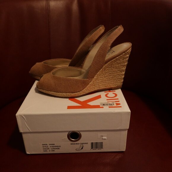 $250 Michael Kors Vivian Washed Canvas peep toe sandals espadrilles beige 6.5 M - Picture 1 of 13